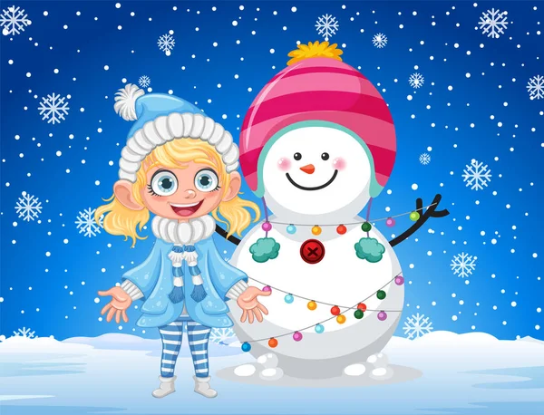 雪男と雪の背景イラストと幸せな女の子 — ストックベクタ