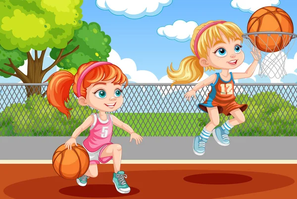 Två Flickor Som Spelar Basket Illustration — Stock vektor