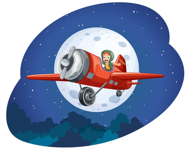 Happy Boy Riding Plane Night Illustration — Stock Vector