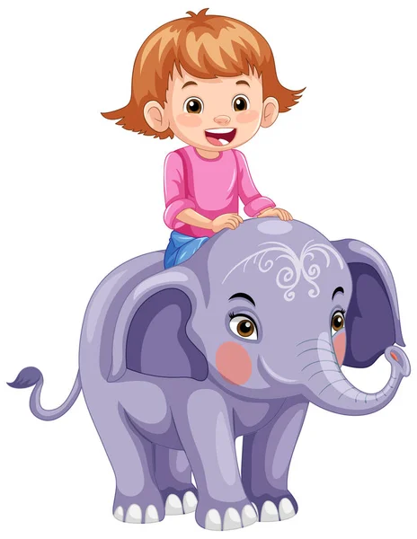 Pequena Menina Montando Elefante Estilo Dos Desenhos Animados Ilustração —  Vetores de Stock
