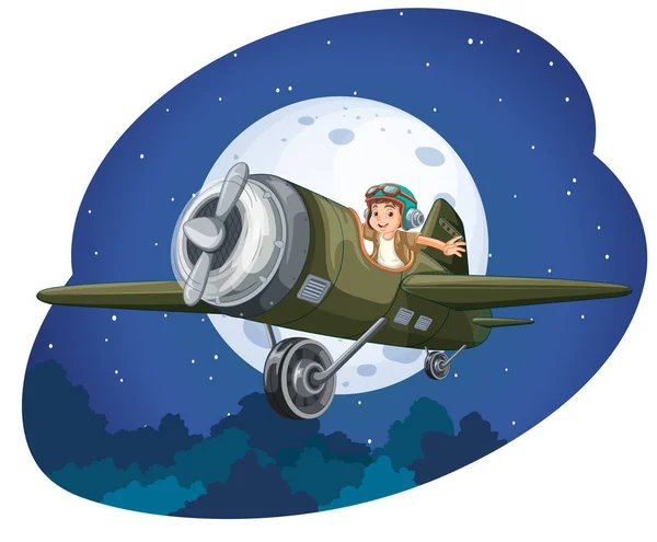 Illustration Happy Boy Riding Plane Night — Image vectorielle