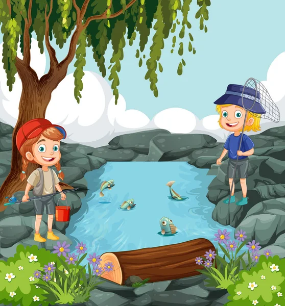 Personagens Desenhos Animados Para Crianças Explorando Lagoa Ilustração Cena Floresta —  Vetores de Stock