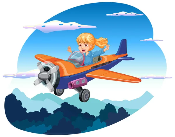 Happy Girl Reiten Flugzeug Den Himmel Illustration — Stockvektor