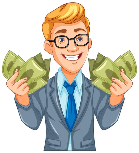 Jovem Empresário Segurando Dinheiro Ilustração — Vetor de Stock