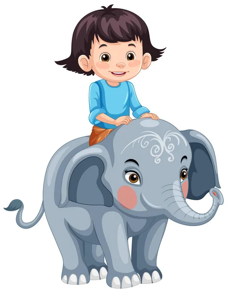 Lille Pige Ridning Elefant Tegneserie Stil Illustration – Stock-vektor