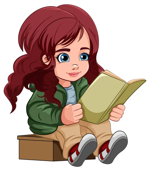 Girl Cartoon Reading Book Isolated Illustration — Stock Vector