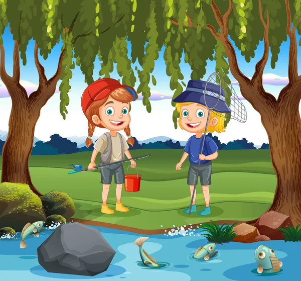 Kids Cartoon Characters Exploring Pond Forest Scene Illustration — 스톡 벡터