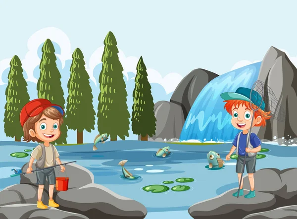 Personagens Desenhos Animados Para Crianças Explorando Lagoa Ilustração Cena Floresta —  Vetores de Stock
