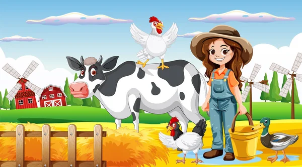 かわいい農家の女性漫画のキャラクターイラスト — ストックベクタ