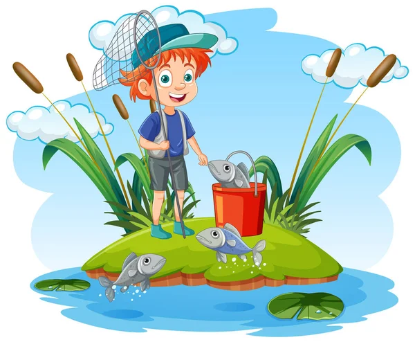 在池塘图解中的卡通男孩钓鱼 — 图库矢量图片