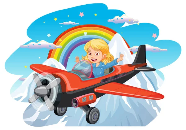 山のイラストの上の少女パイロット飛行機 — ストックベクタ