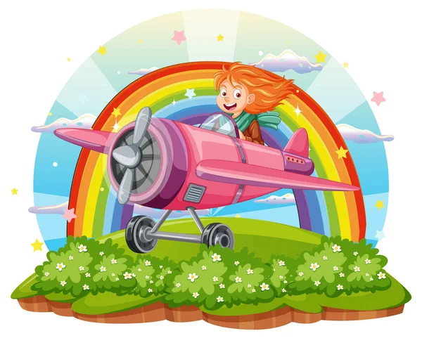 丘の上に虹色の背景イラストで飛行機や土地を飛んでかわいい女の子 — ストックベクタ