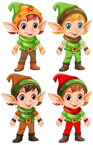 Elf Kids Caroon Characters Collection Illustration — 스톡 벡터