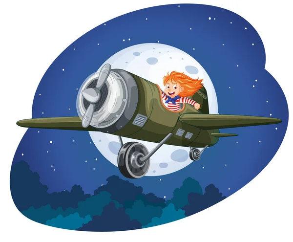 Счастливая Девушка Рулем Самолета Ночное Время — стоковый вектор