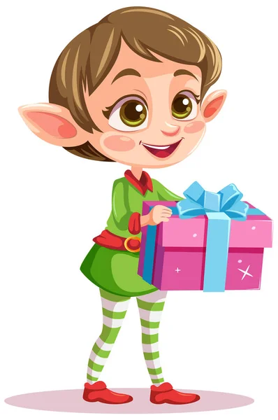 Elf Meisje Cartoon Kerst Karakter Met Geschenk Illustratie — Stockvector