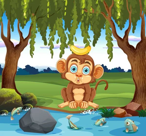 Funny Monkey Forest Scene Illustration — Stock Vector
