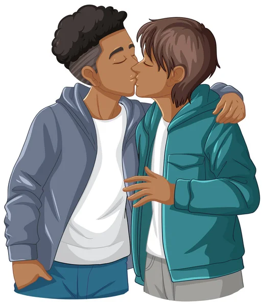 Gay Paar Cartoon Zoenen Illustratie — Stockvector