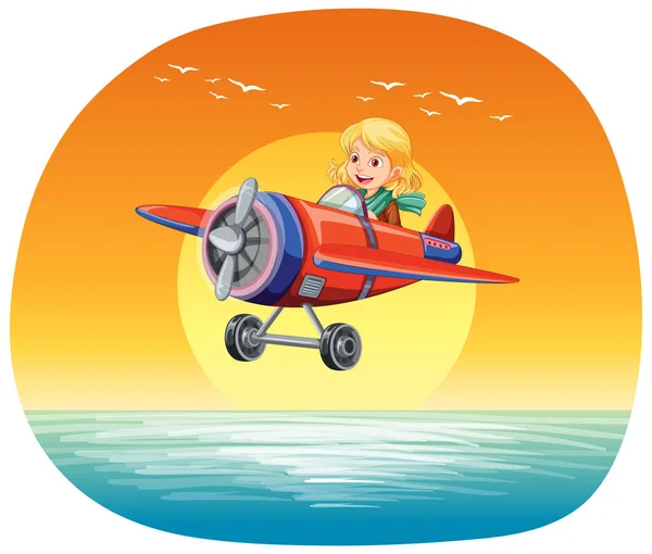 Pilot Flying Plane Sea Illustration — Stock Vector