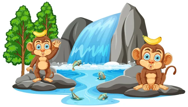 Funny Monkey Waterfall Scene Illustration — Stock Vector
