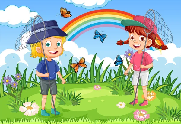 Kinder Fangen Schmetterling Garten Illustration — Stockvektor