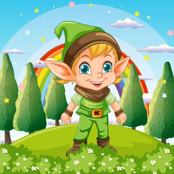 Cute Elf Boy Cartoon Character Scene Illustration — Stock Vector