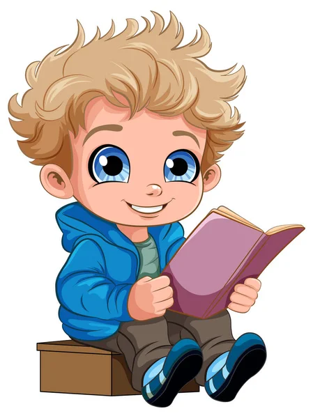 Cute Boy Reading Book Cartoon Character Illustration — Stock Vector