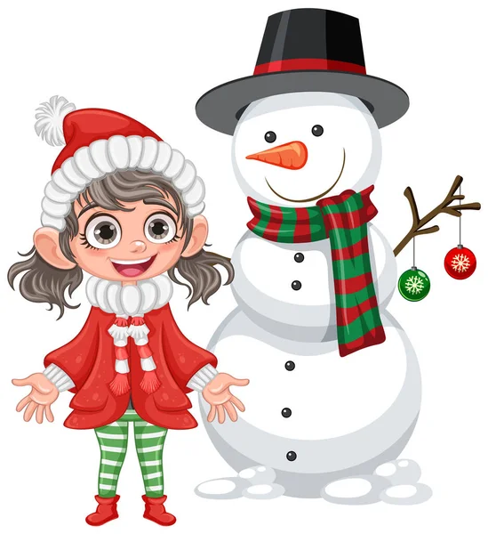 Happy Girl Snowman Illustration — Stock Vector