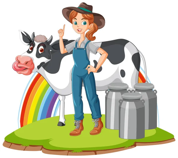 Farmer Woman Milk Cow Cartoon Illustration — Stockový vektor
