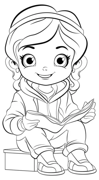 Dívka Kreslené Čtení Kniha Izolované Čmáranice Ilustrace — Stockový vektor