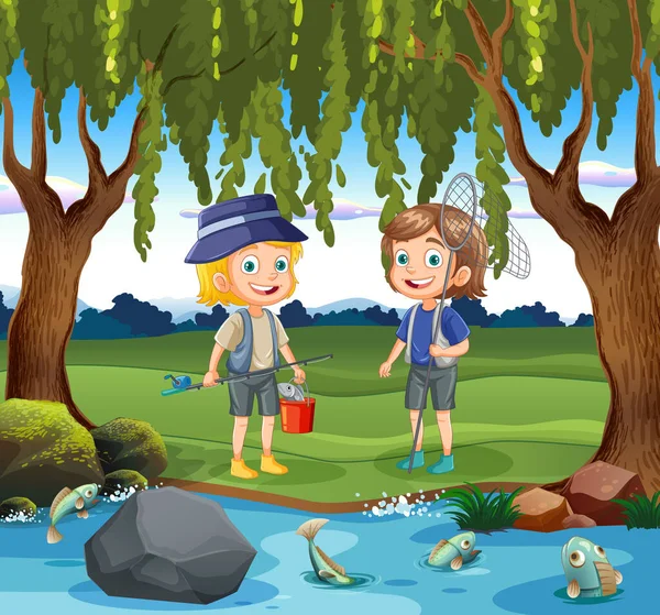 Kids Cartoon Karakterek Exploring Forest Scene Illusztráció — Stock Vector