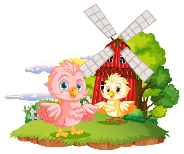 Симпатичные Птицы Ферме Иллюстрацией Windmill — стоковый вектор