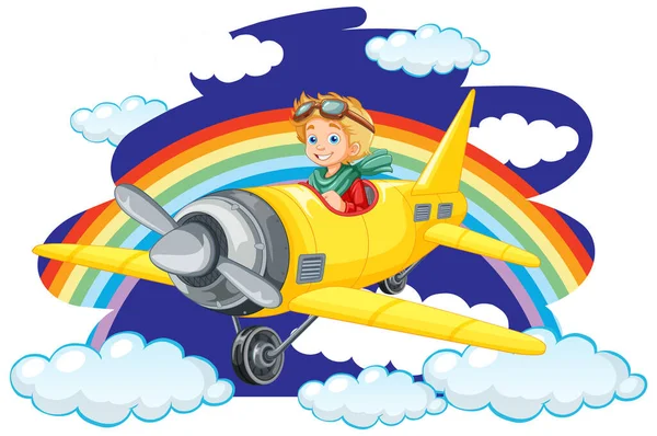 Chico Feliz Que Monta Avión Con Arco Iris Cielo Ilustración — Vector de stock