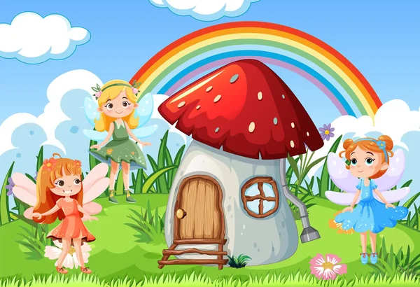 Mushroom House Cuento Hadas Con Ilustración Dibujos Animados Hadas — Vector de stock