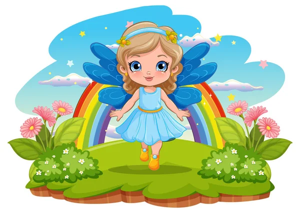 翼を持つ妖精の女の子は草原のイラストに立って — ストックベクタ