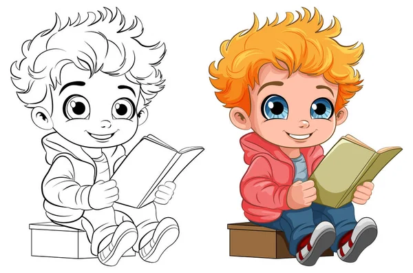 Cute Boy Czytanie Zarys Książki Kolorowania Ilustracji — Wektor stockowy