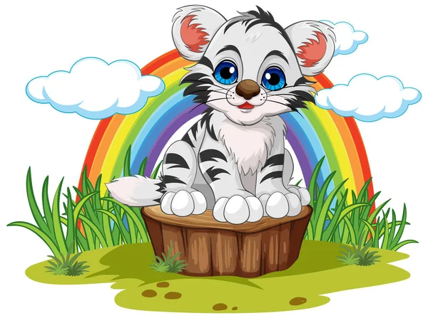 Baby Tiger Stripfiguur Met Regenboog Lucht Illustratie — Stockvector