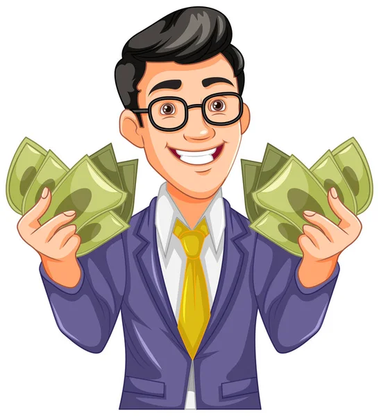 Jovem Empresário Segurando Dinheiro Ilustração — Vetor de Stock