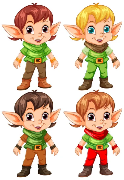 Different Elf Kids Caroon Characters Collection Illustration — Stock Vector
