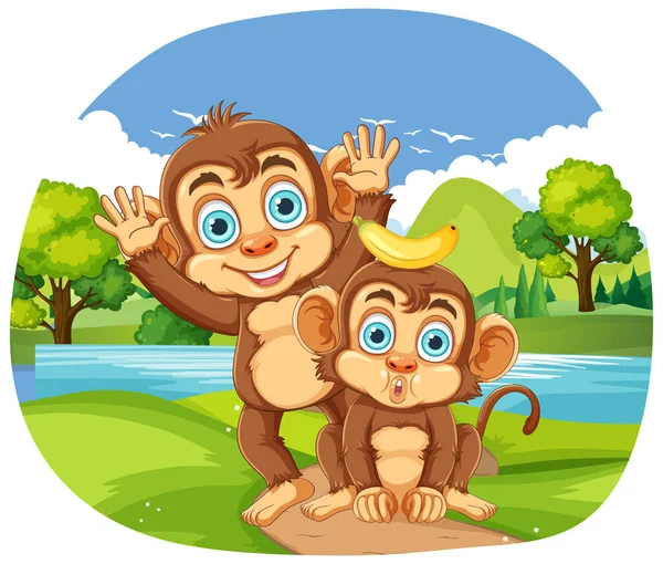 Δύο Αστείες Μαϊμούδες Εικονογράφηση Χαρακτήρες Κινουμένων Σχεδίων — Διανυσματικό Αρχείο