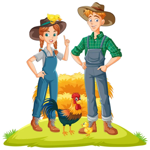 農場のイラストでかわいい若いカップルの農家 — ストックベクタ