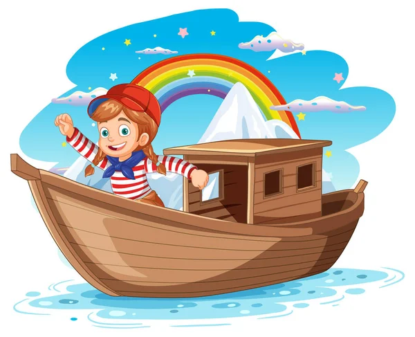 Woman Wooden Boat Rainbow Background Illustration — Stock Vector