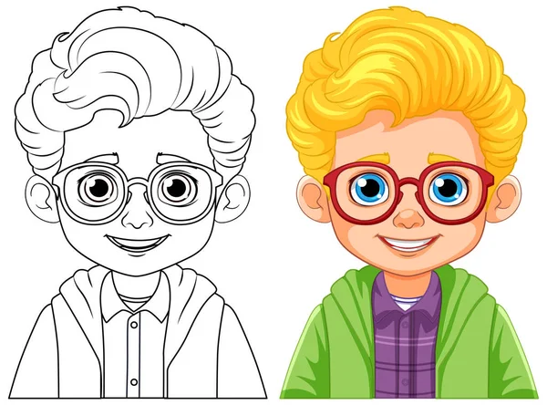 Menino Usando Óculos Esboço Para Colorir Ilustração —  Vetores de Stock
