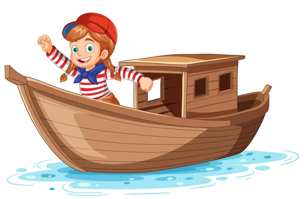 Adventure Girl Wooden Boat Illusztráció — Stock Vector
