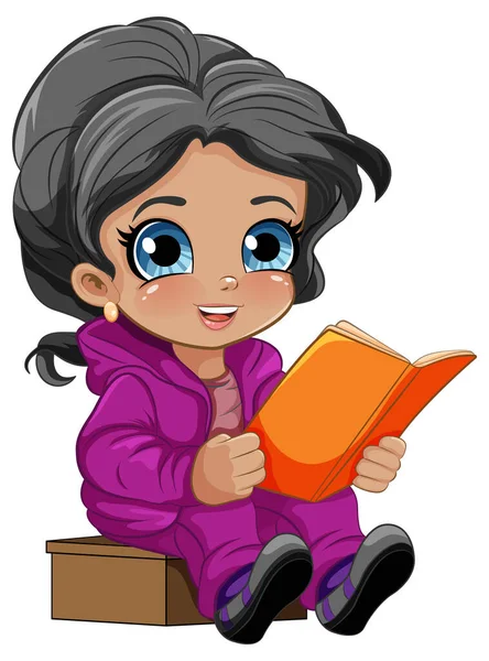 Cute Girl Reading Book Cartoon Character Illustration — Stock Vector