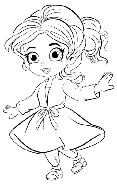 Cute Girl Beautiful Dress Outline Colouring Illustration — Stock Vector