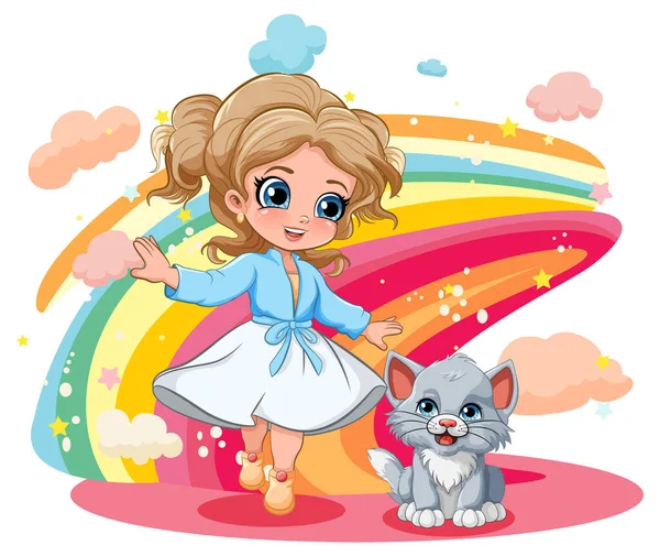 Cute Girl Her Kitten Cartoon Style Illustration — Stock Vector
