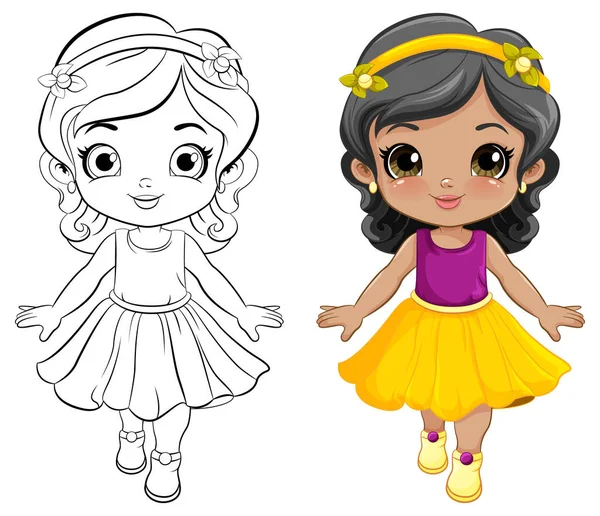 Cute Girl Pięknym Zarysie Sukienka Kolorowania Ilustracji — Wektor stockowy