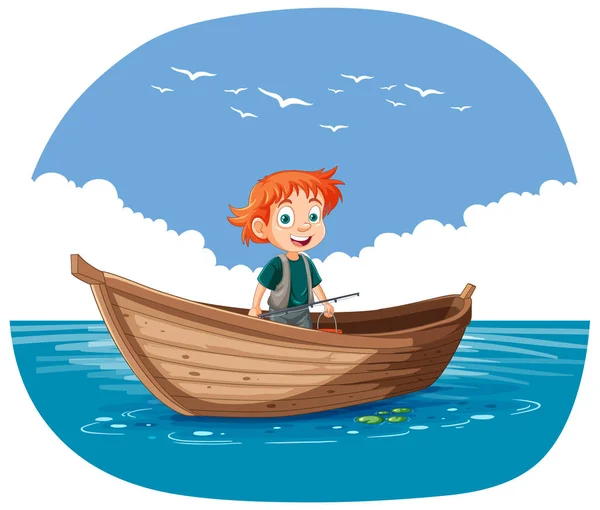 Happy Boy Fishing Wooden Boat Illustration — Stock Vector