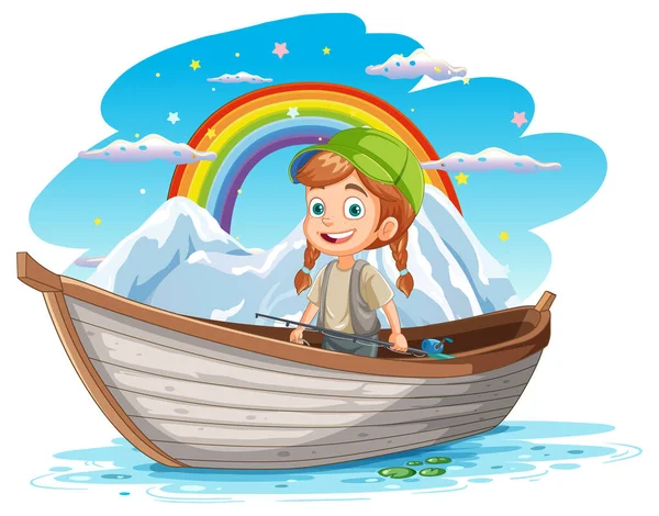 背景图上有彩虹在船上钓鱼的女孩 — 图库矢量图片