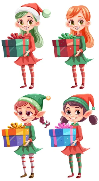 Set Von Cartoon Figur Mit Weihnachtsgeschenk Illustration — Stockvektor